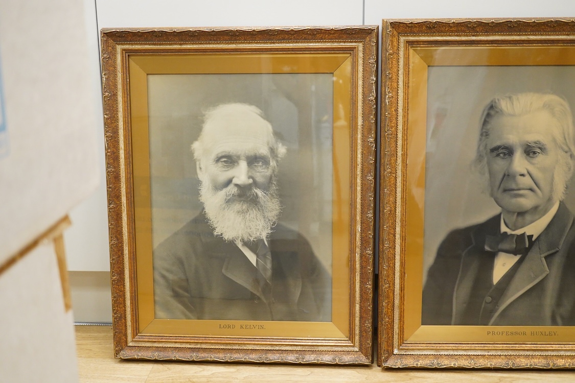 A pair of black and white photographs of Professor Huckley and Lord Kelvin, framed